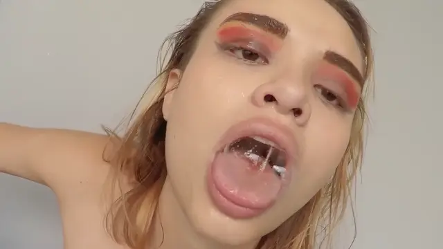 Sloppy blowjob and face fucking, redhead latina slut swallows big cock